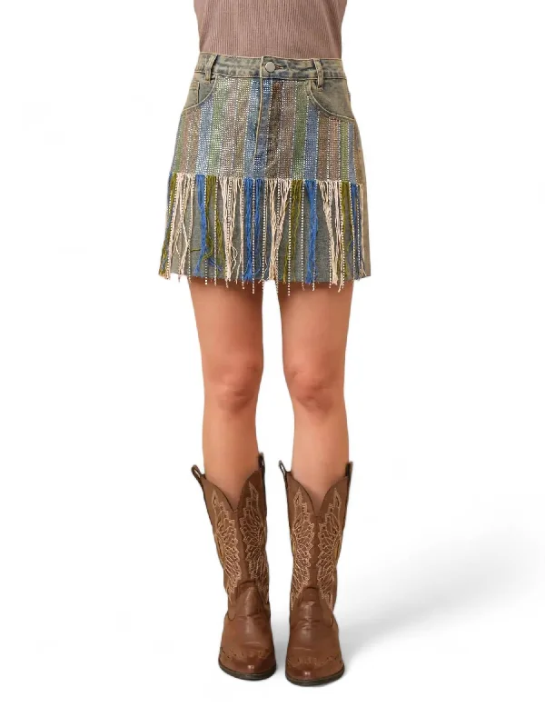 Women's trendy denim skirts for going out -Rhinestone Fringe Front Mini Denim Skirt In Blue