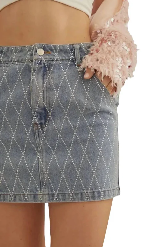 Women's denim skirts with belt for polished look -Rhinestone Studded Denim Skirt In Blue