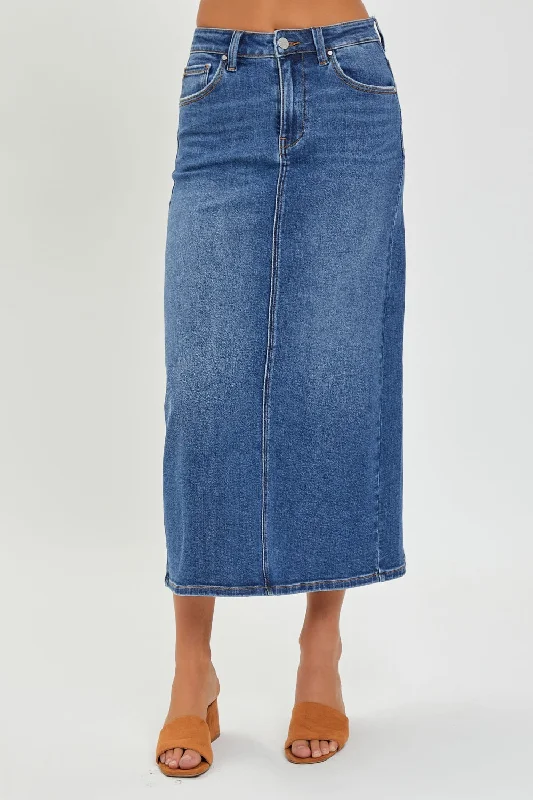 Women's high-waisted denim skirts for hourglass figure -RISEN High Rise Back Slit Denim Skirt