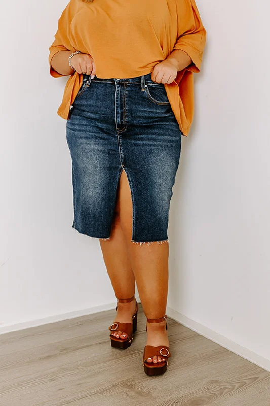Women's pleated denim skirts for preppy look -Risen The Grace Denim Skirt in Dark Wash Curves Women's pleated denim skirts for preppy look -Risen The Grace Denim Skirt in Dark Wash Curves