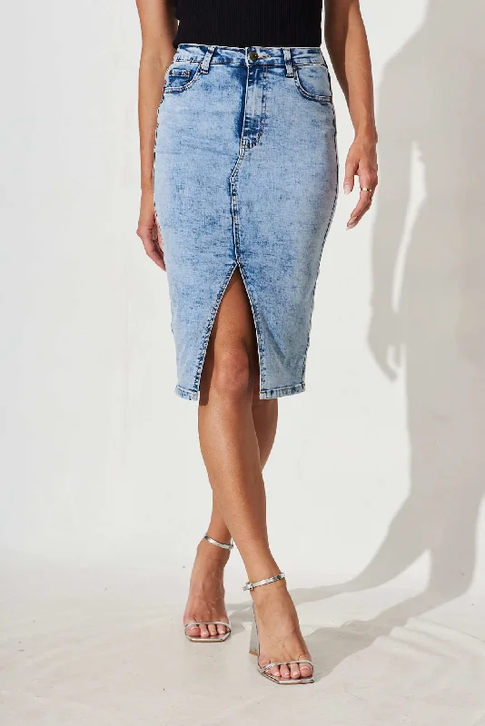 Women's straight-leg denim skirts for classic style -Sadie Denim Skirt in Acid Washed Blue Women's straight-leg denim skirts for classic style -Sadie Denim Skirt in Acid Washed Blue