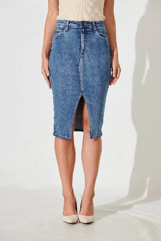 Women's soft stretch denim skirts for comfort -Sadie Denim Skirt In Mid Blue