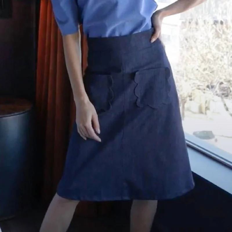 Women's wrap-around denim skirts with tie waist for adjustable fit -Scallop Patch Pocket Denim Skirt In Blue Denim Women's wrap-around denim skirts with tie waist for adjustable fit -Scallop Patch Pocket Denim Skirt In Blue Denim