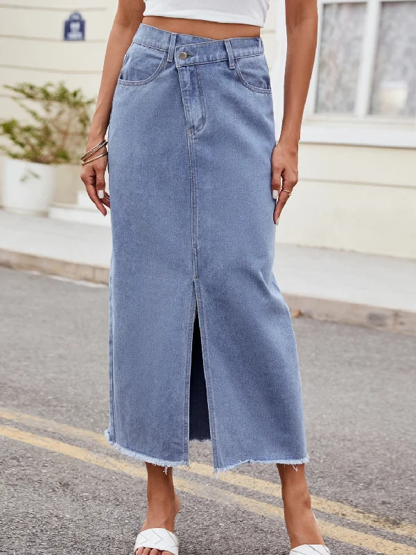 Women's black denim skirts for monochrome outfits -Slit Asymmetrical Waist Denim Skirt Women's black denim skirts for monochrome outfits -Slit Asymmetrical Waist Denim Skirt