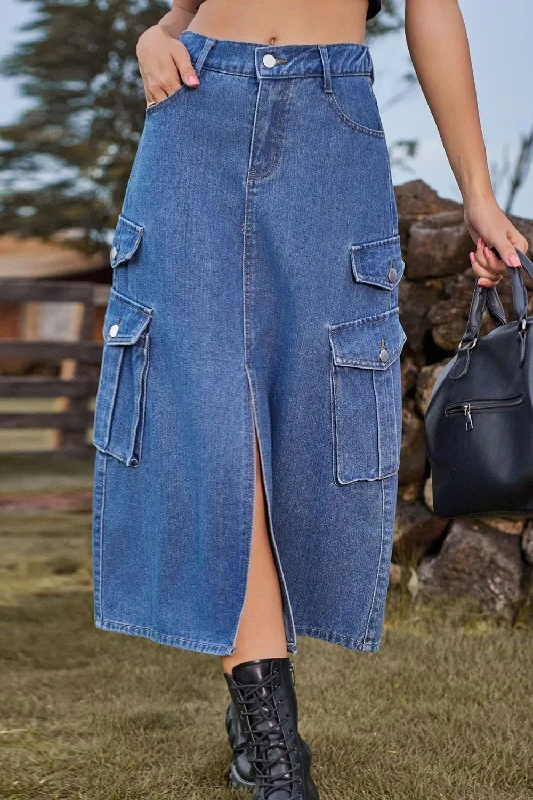 Women's flared denim skirts for boho look -Slit Front Midi Denim Skirt with Pockets