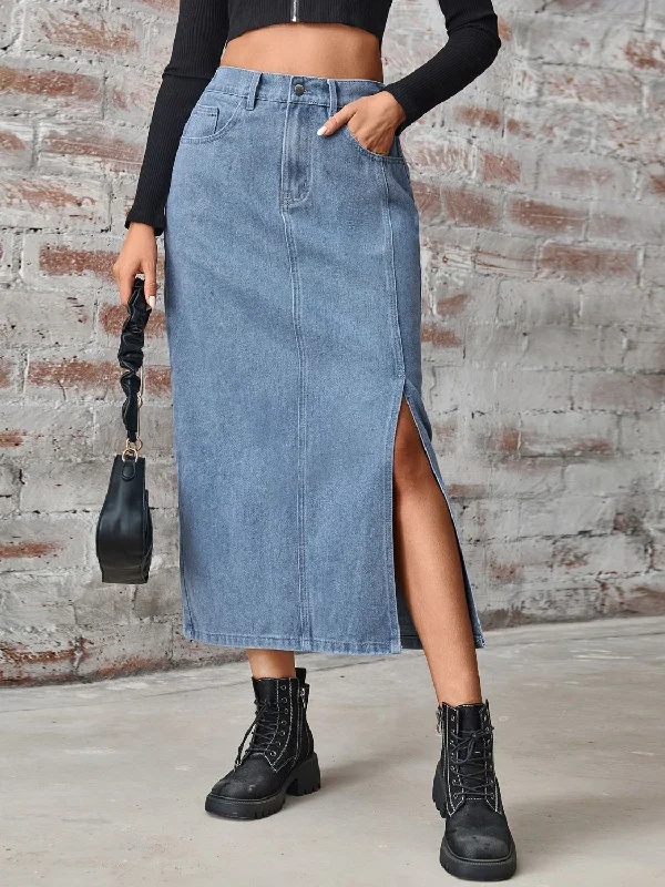 Women's soft wash denim skirts for ultimate comfort -Slit High Waist Denim Skirt with Pockets Women's soft wash denim skirts for ultimate comfort -Slit High Waist Denim Skirt with Pockets