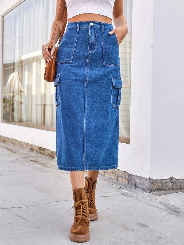 Women's denim skirts with button-down back for unique detail -Slit Midi Denim Skirt with Pockets Women's denim skirts with button-down back for unique detail -Slit Midi Denim Skirt with Pockets