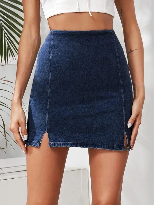 Women's trendy denim skirts for fashion-forward women -Split Hem Denim Skirt