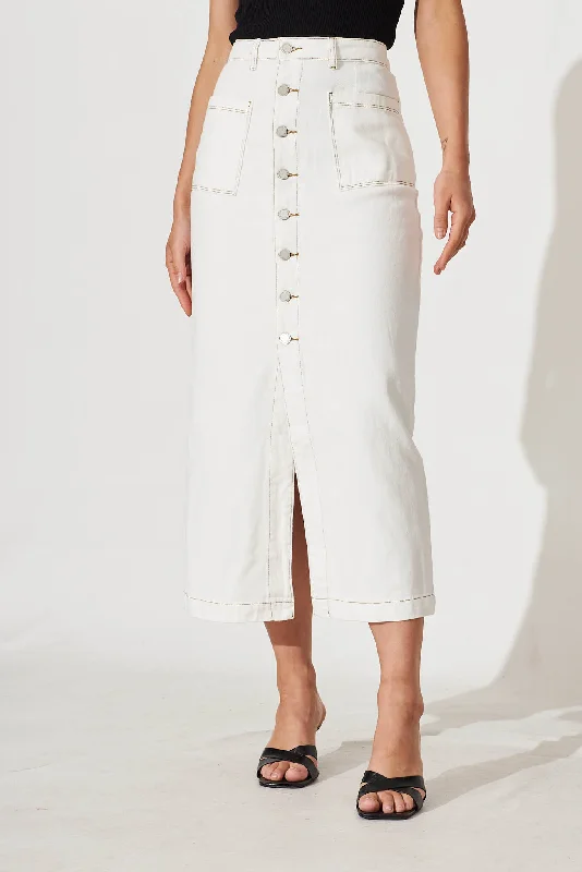 Women's denim skirts for autumn outfits -Starflower Maxi Denim Skirt In White