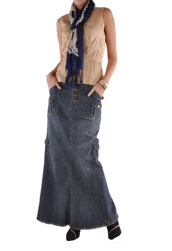 Women's patchwork denim skirts for eclectic look -Street Slim Fit Multi-pocket Denim Skirt Hip-wrapped Long Dress