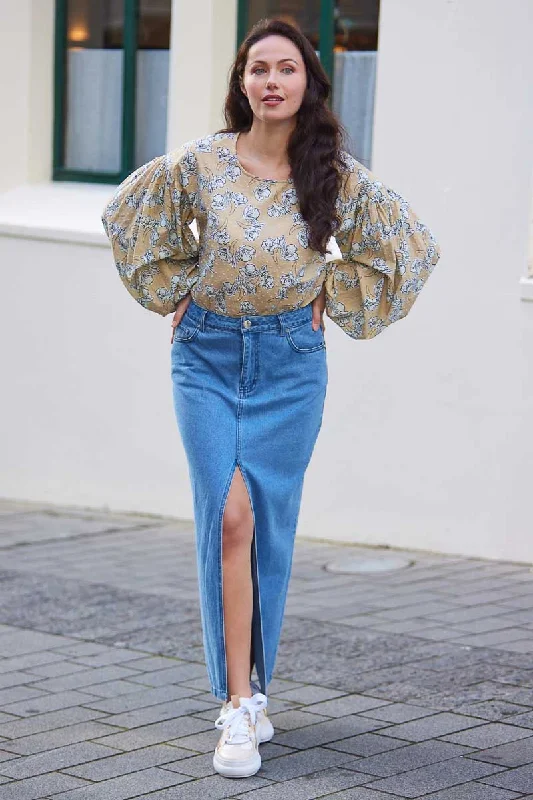 Women's acid wash denim skirts for a 90s-inspired look -Sweetie Maxi Denim Skirt