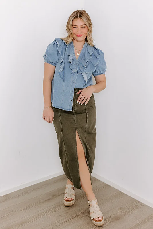 Women's denim skirts with belt loops for added style -The Maris High Waist Denim Skirt in Olive Women's denim skirts with belt loops for added style -The Maris High Waist Denim Skirt in Olive