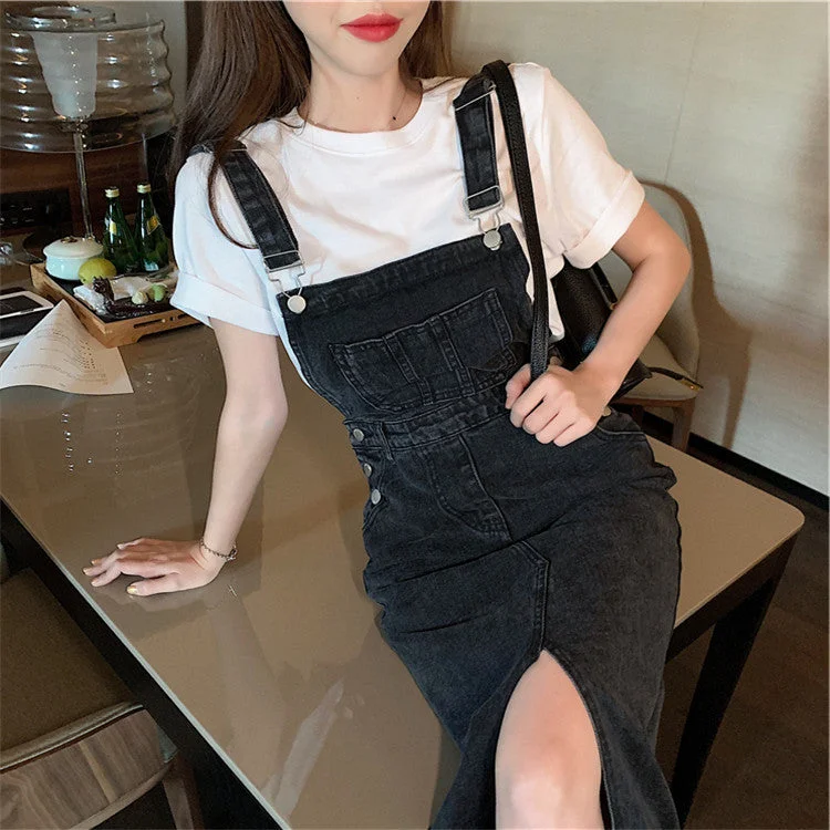Women's high-rise denim skirts for modern style -Timeless Strappy Split Retro Denim Skirt