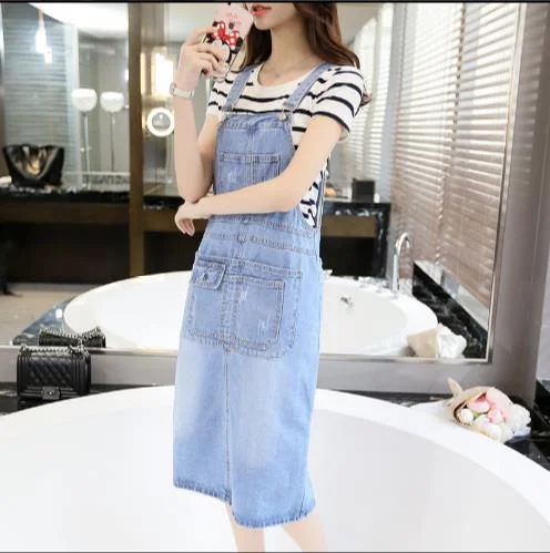 Women's flared denim skirts for boho look -Trendy Medium Length Denim Skirt with Suspender