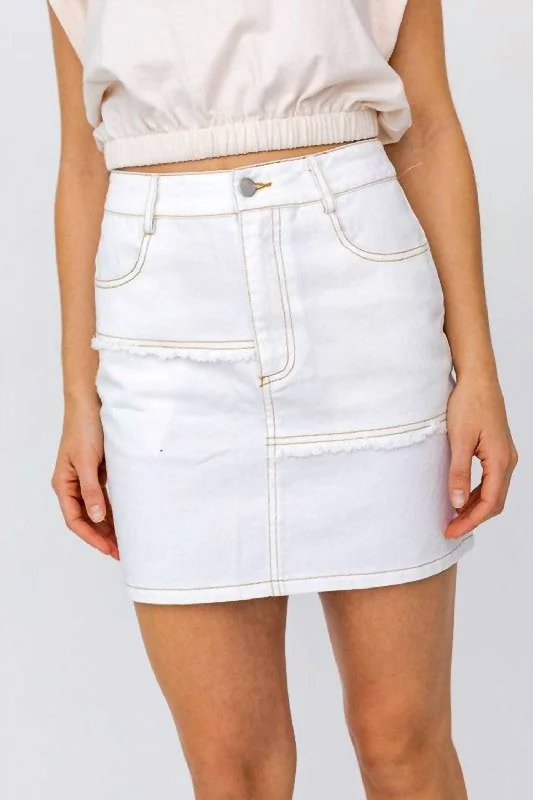 Women's stretchy denim skirts for all-day comfort -Vintage Patched Denim Skirt In White