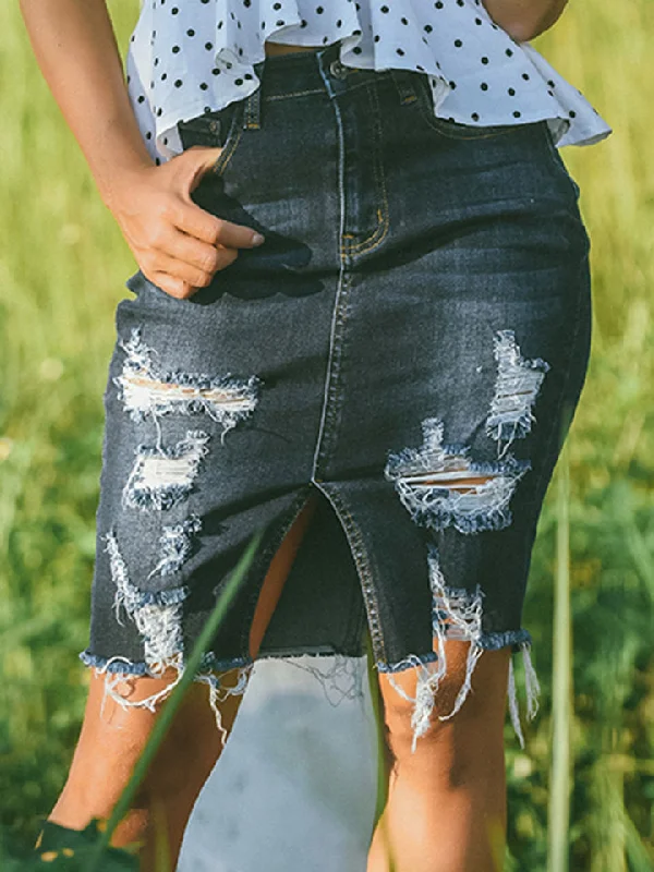 Women's pleated denim skirts for feminine style -Vintage Vibes Full Size Distressed Slit Denim Skirt