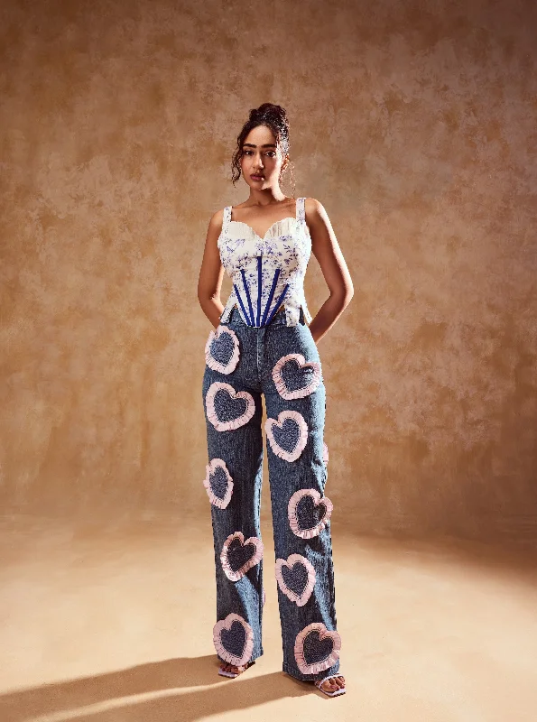 Denim dress with gathered shoulders--Brands new what is-Kennedy White Corset Top with Denim Pants