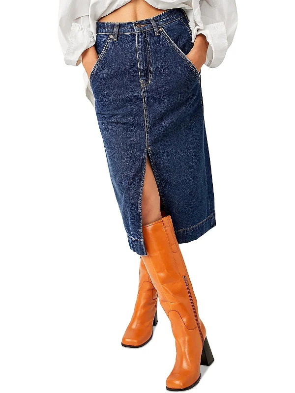 Women's vintage-style denim skirts for retro chic -Wild Roses Womens Slit Midi Denim Skirt