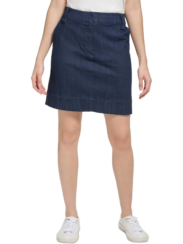 Women's tailored denim skirts for business wear -Womens Back Yoke Patch Pockets Denim Skirt
