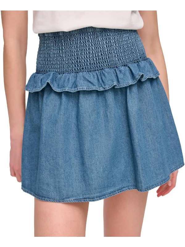 Women's distressed denim skirts with raw edges for casual wear -Womens Denim Smocked Denim Skirt