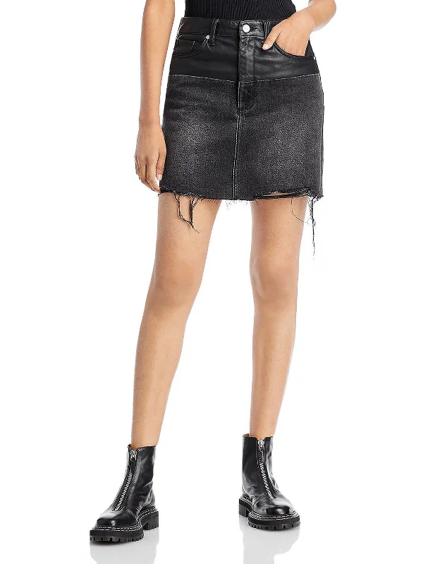 Women's black denim skirts for monochrome outfits -Womens Faux Leather Trim Raw Hem Denim Skirt Women's black denim skirts for monochrome outfits -Womens Faux Leather Trim Raw Hem Denim Skirt