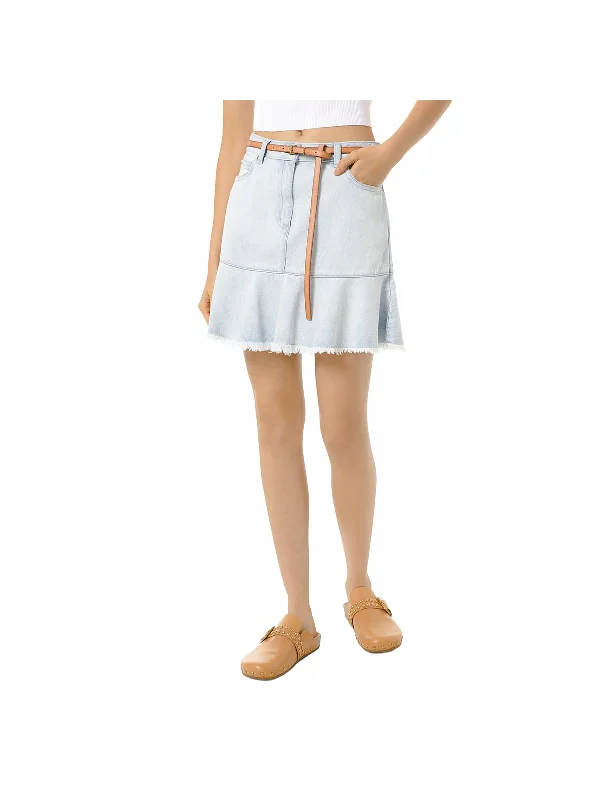 Women's denim skirts with decorative buttons for added flair -Womens Flounce Frayed Hem Denim Skirt Women's denim skirts with decorative buttons for added flair -Womens Flounce Frayed Hem Denim Skirt