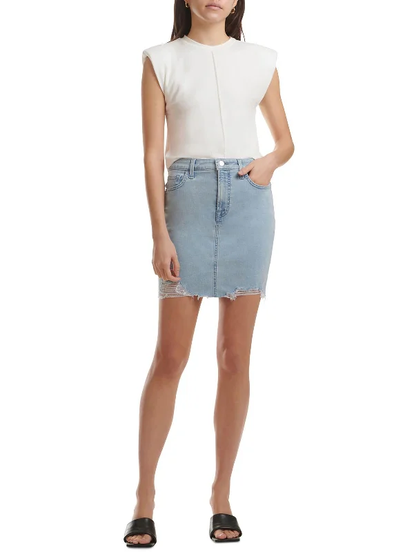 Women's pleated denim skirts for classic preppy style -Womens Mini Frayed Hem Denim Skirt