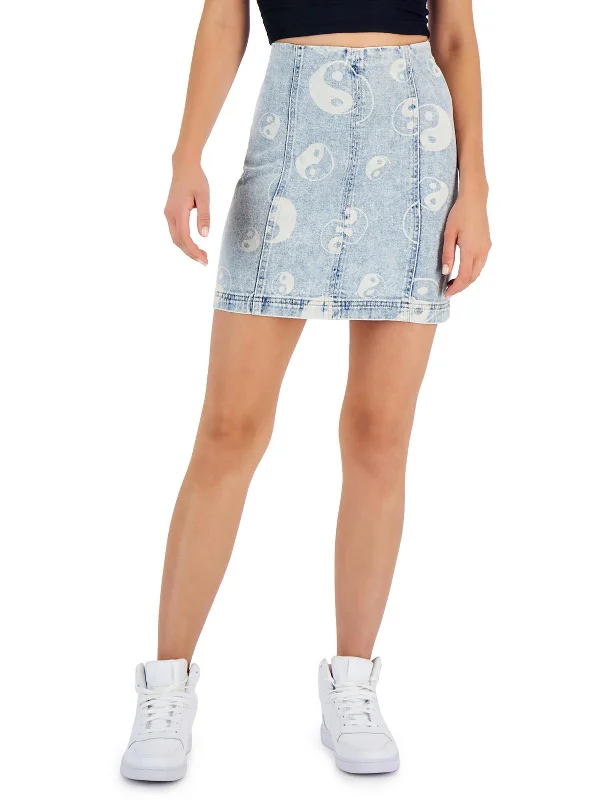 Women's denim skirts with pleats for added volume -Womens Mini Printed Denim Skirt