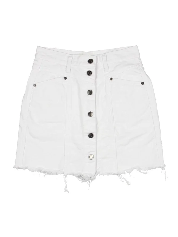 Women's dark wash denim skirts for slimming effect -Womens Raw Hem Button Fly Denim Skirt
