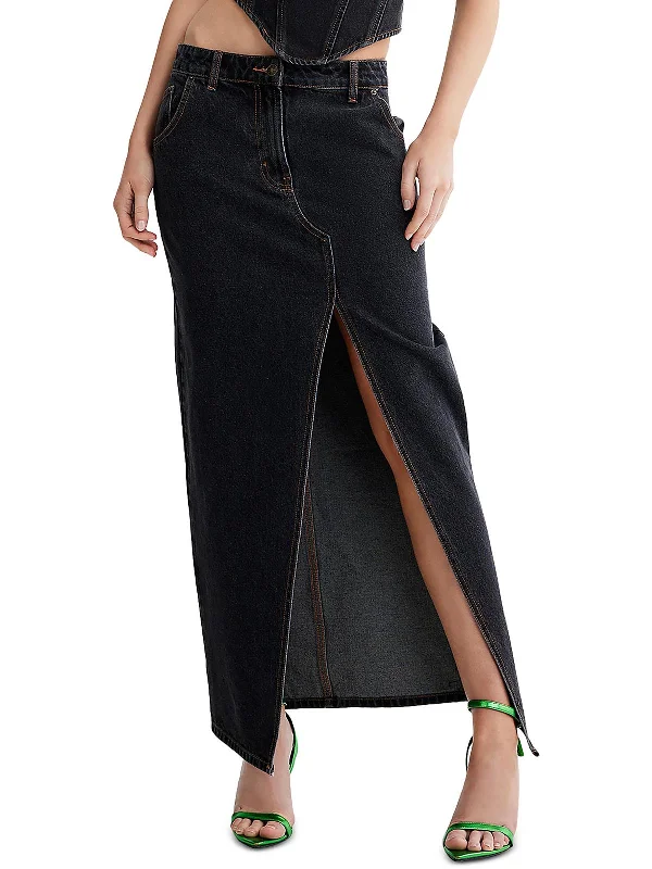 Women's floral printed denim skirts for summer -Womens Split Midi Denim Skirt