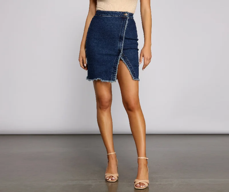 Women's fitted denim skirts for sophisticated style -Wrapped In Styled Frayed Denim Skirt