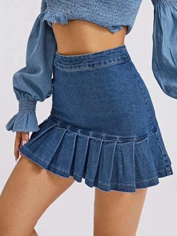 Women's tailored denim skirts for business wear -Zip Back Pleated Ruffle Hem Denim Skirt Women's tailored denim skirts for business wear -Zip Back Pleated Ruffle Hem Denim Skirt