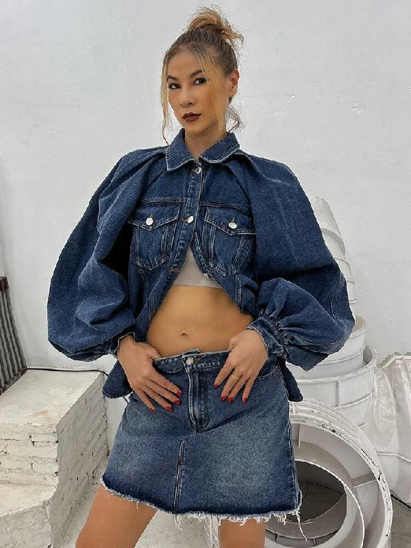 Women's two-piece denim set for easy summer fashion -Denim Jacket & Skirt Two Piece Set