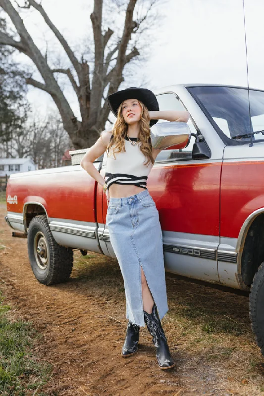 Women's slit denim skirts for added style -Founder's Fave Denim Skirt