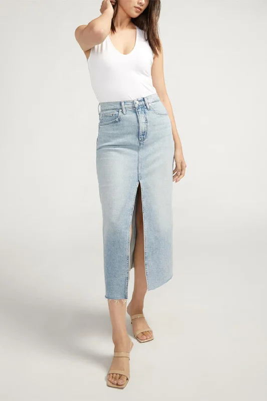 Women's denim skirts with decorative stitching for extra detail -Silver Jeans Co. Front-Slit Midi Jean Skirt Women's denim skirts with decorative stitching for extra detail -Silver Jeans Co. Front-Slit Midi Jean Skirt