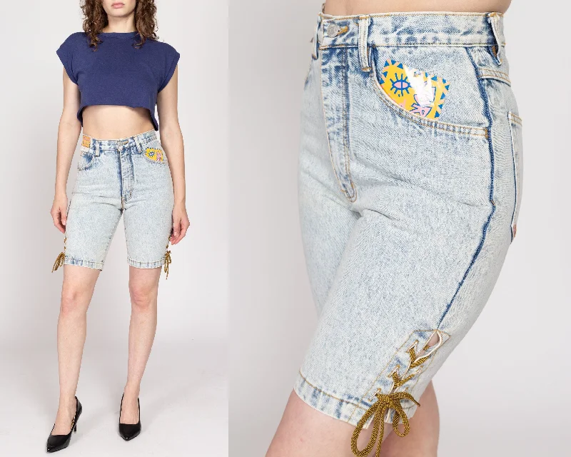 With the great jeans brand the fabric is new stylish that 2025 -Small 80s Jordache Acid Wash Lace Up Jean Shorts NWT 27"