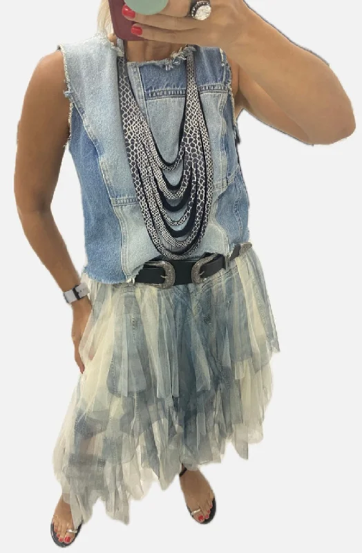 Women's faux leather denim skirts for edgy outfits -Tulle Denim Skirt