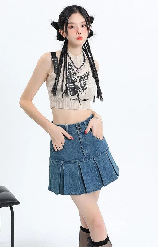 Women's embroidered denim skirts for unique fashion -Y2K Pleated Jean Mini Skort