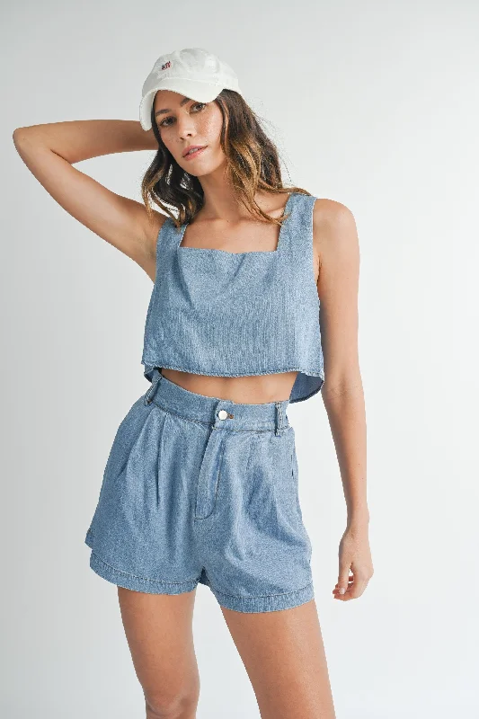 Women's denim set with wide-leg pants for boho look -Alexandra Denim Short Set