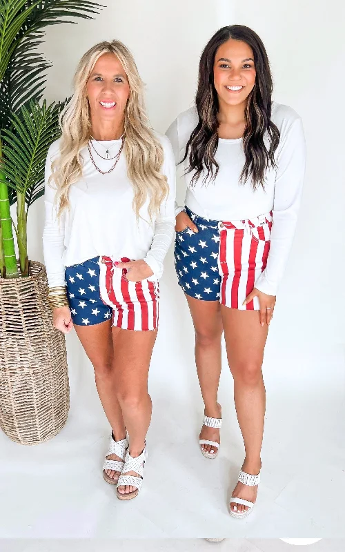 Women's denim shorts and a cardigan-Americana Flag High Rise Fray Hem Denim Shorts (REG/CURVY) | Judy Blue - Final Sale Women's denim shorts and a cardigan-Americana Flag High Rise Fray Hem Denim Shorts (REG/CURVY) | Judy Blue - Final Sale