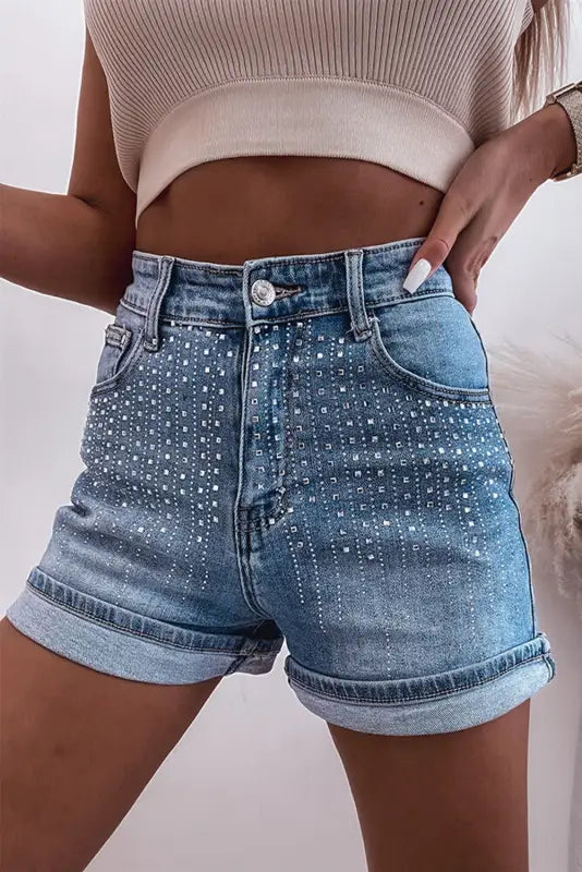 Women's denim shorts and a leather jacket-Ashleigh Blue Rhinestone Denim Shorts