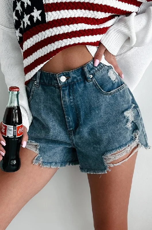 Women's denim shorts with a striped print-Avril High Rise Distressed Denim Shorts (Light Denim) Women's denim shorts with a striped print-Avril High Rise Distressed Denim Shorts (Light Denim)