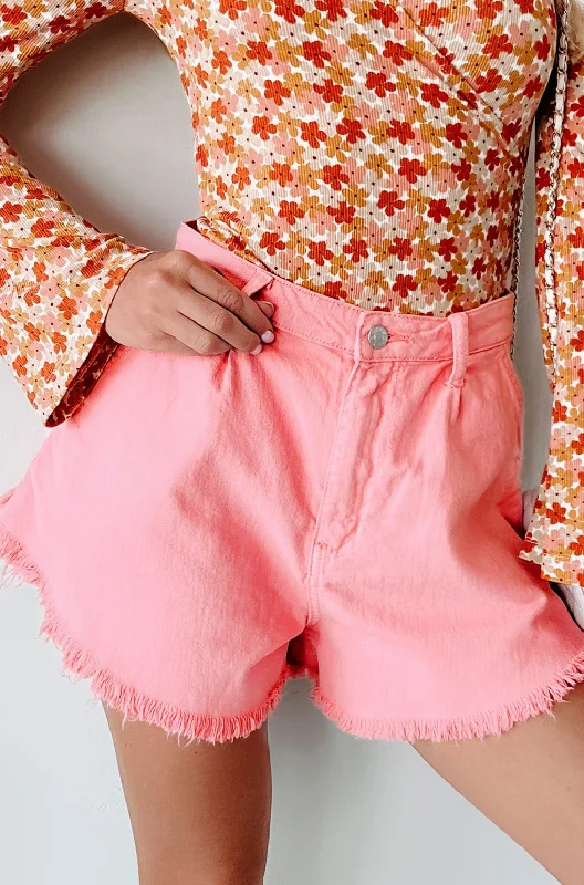 Women's denim shorts with a paper bag waist-Becky High Waist Frayed Hem Denim Shorts (Pink) Women's denim shorts with a paper bag waist-Becky High Waist Frayed Hem Denim Shorts (Pink)