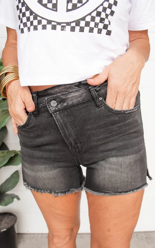 Women's denim shorts for looser fits :Black High Rise Cross Over Denim Shorts | MICA - Final Sale Women's denim shorts for looser fits :Black High Rise Cross Over Denim Shorts | MICA - Final Sale