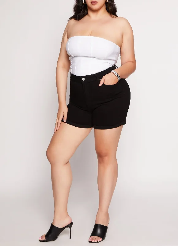 Women's denim shorts with a mid-rise waist-Plus Size WAX High Waist Cuffed Shorts