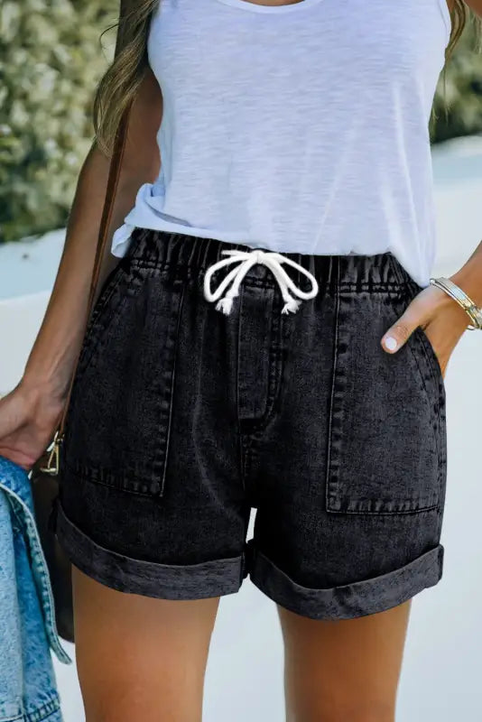 Women's denim shorts for a night out-Drawstring High Waist Denim Shorts