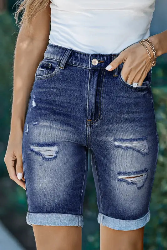 Women's denim shorts and a crop top-Roll-up Distressed Bermuda Denim Shorts