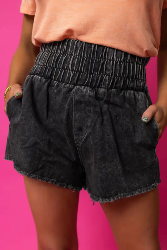 Women's denim shorts with a cuffed hem-Smocked Waist Washed Denim Shorts