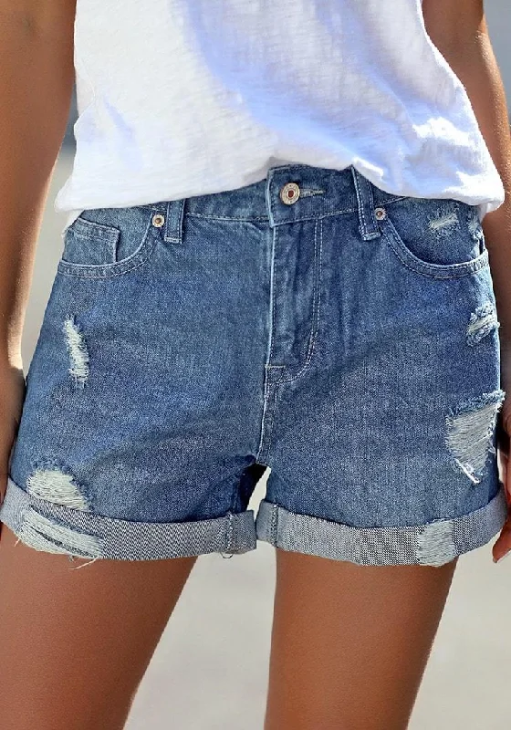 Affordable world with has a new -Blue Roll-Over Distressed Denim Shorts