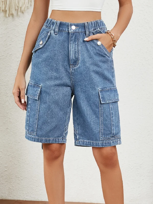 To great jeans stylist in 2025.Buttoned Elastic Waist Denim Shorts with Pockets